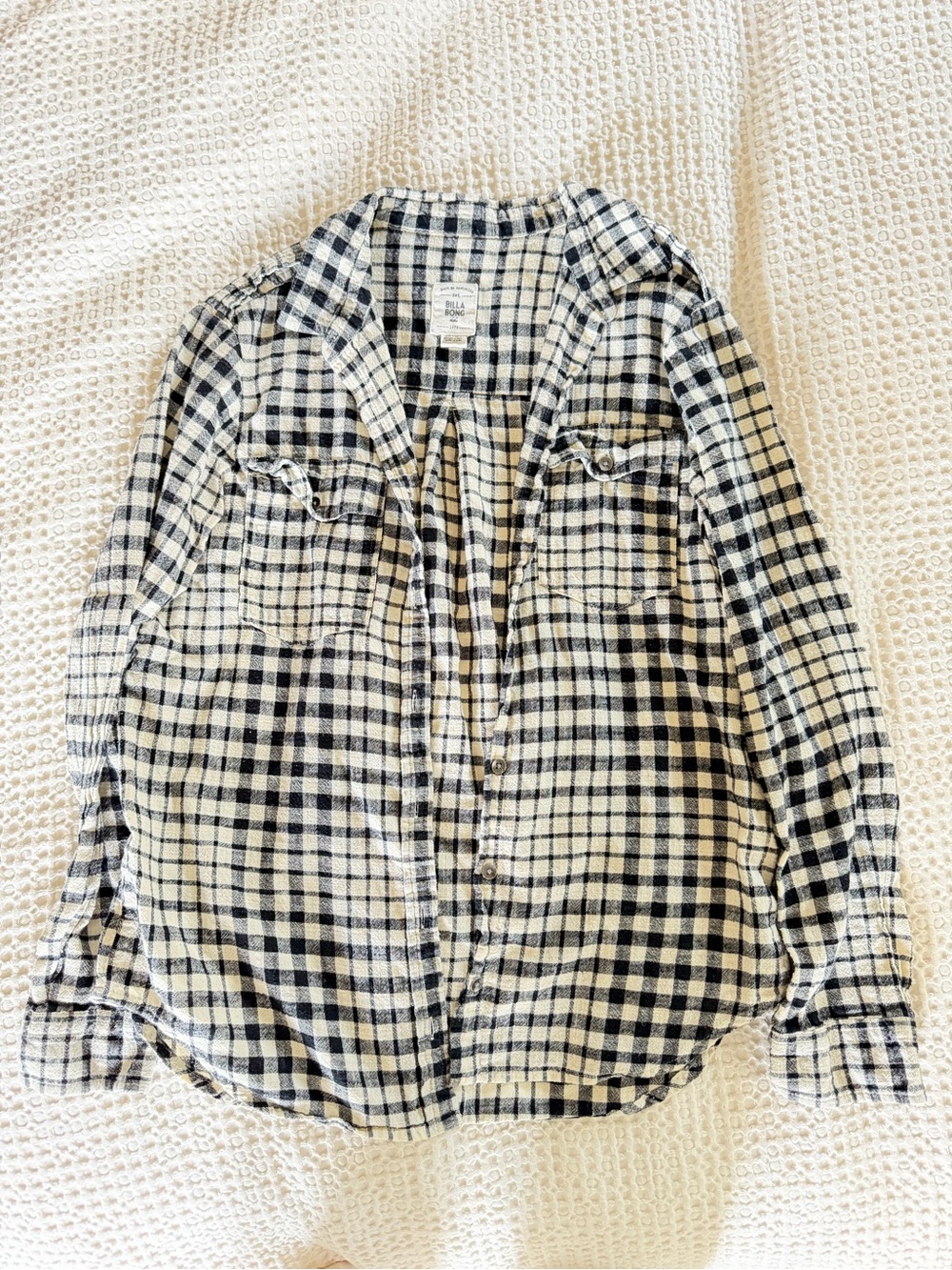 Billabong Black Cream Plaid Button Up Gauzy Shirt Large - Picture 2 of 12